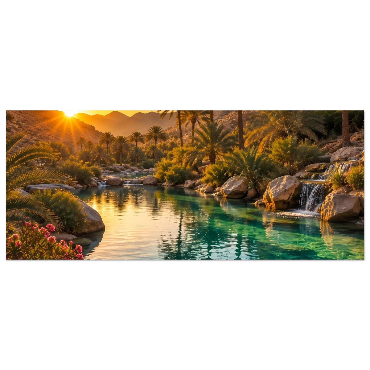 Horizontales Poster mit tropischem Fluss, Palmen und Sonnenuntergangsonne über türkisfarbenem Wasser