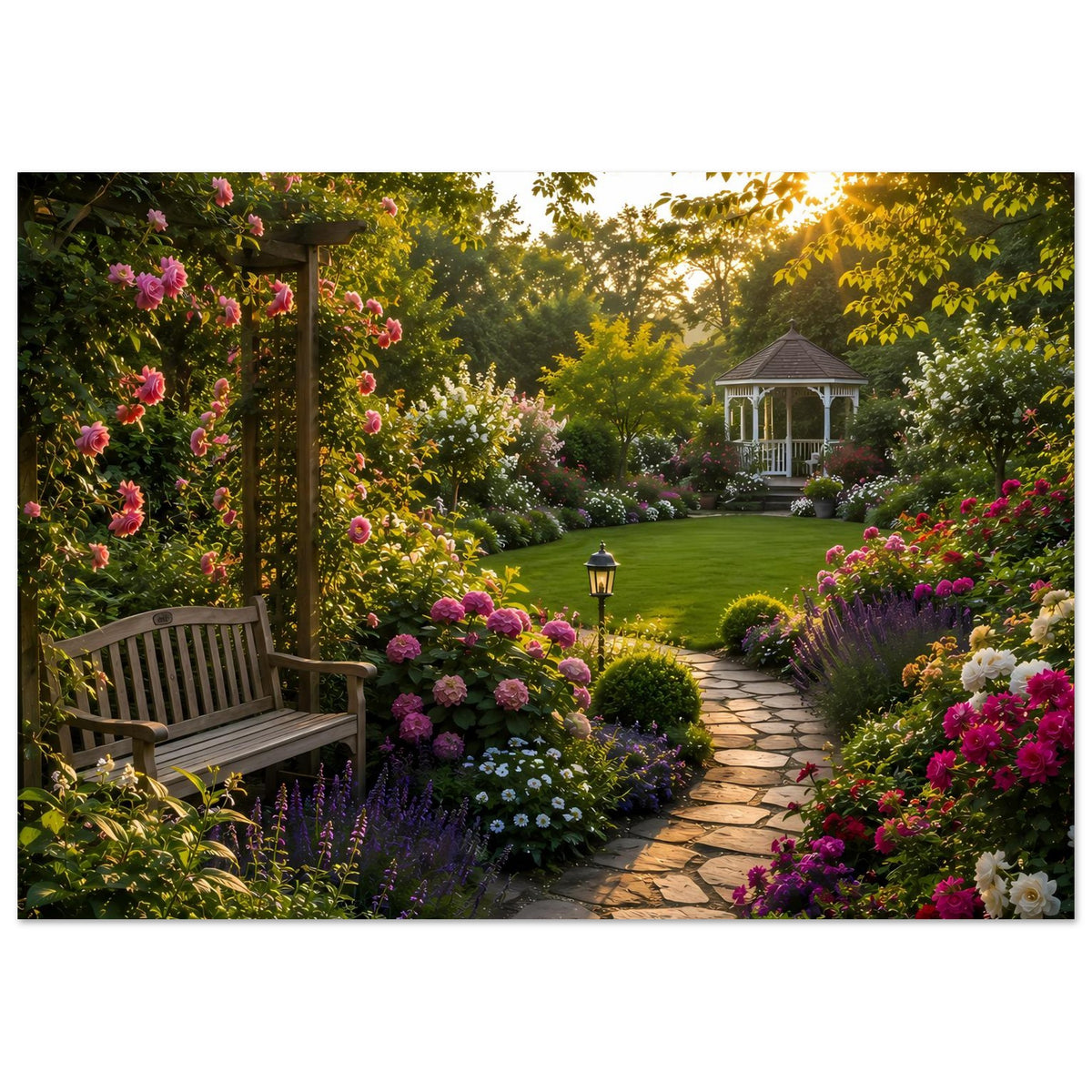 Gartenposter im Querformat mit Rosenweg, Rosenrabatten, Holzbank und Pavillon bei Abendlicht