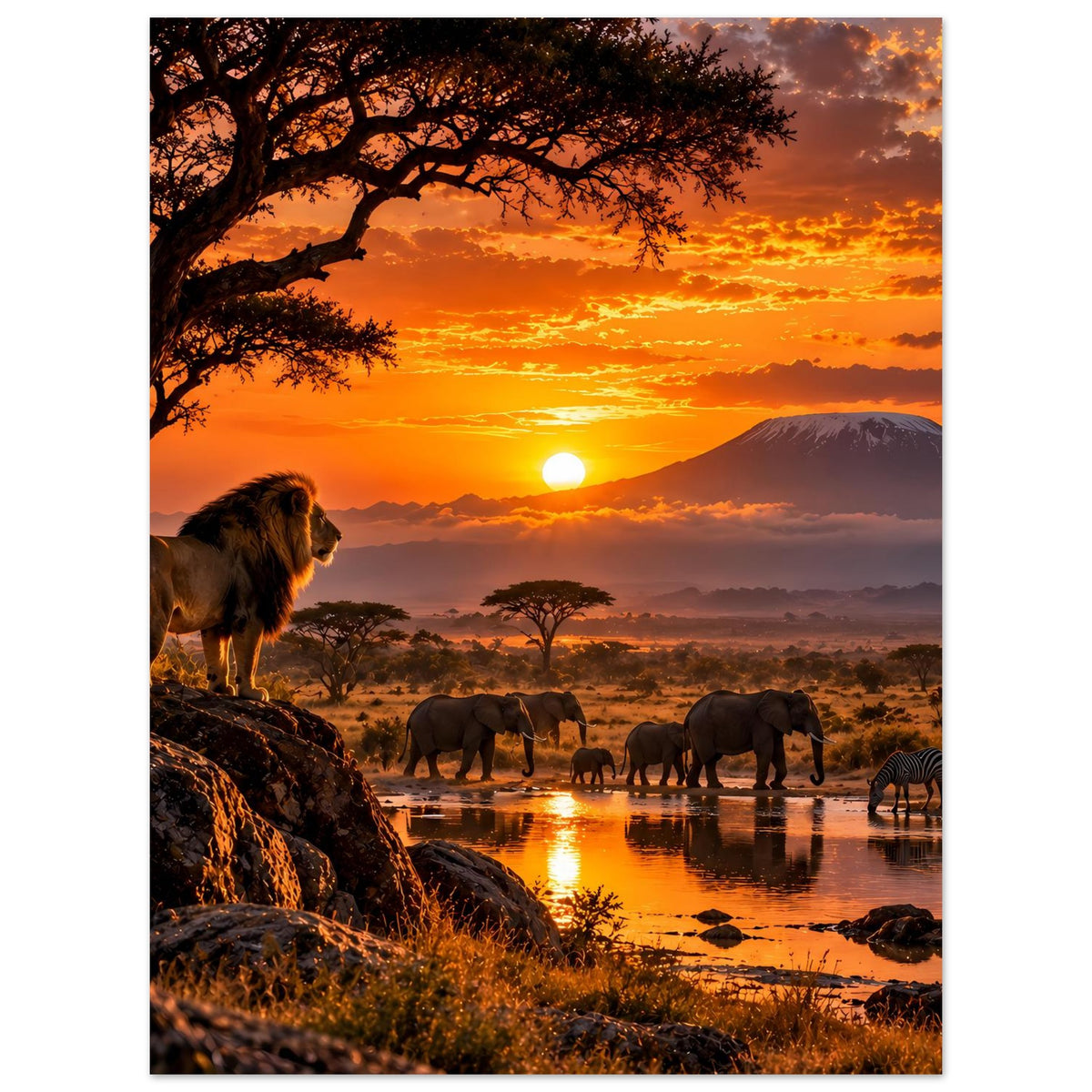 Afrika-Safari-Sonnenuntergangs-Poster, Hochformat: Löwe links, Elefantenherde, Sonne am Horizont