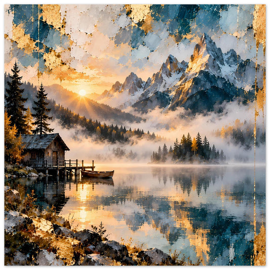 Landschaftsposter mit Gebirge bei Sonnenaufgang, Nebelwald und spiegelndem See.