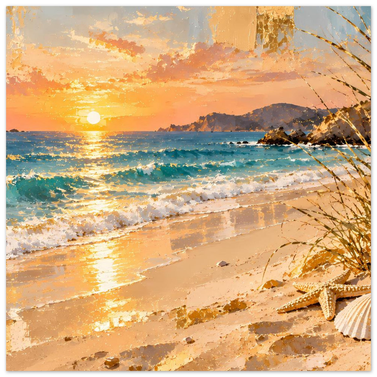 Poster mit Sonnenuntergang am Strand, Sand und Wellen mit getrockneten Zweigen rechts