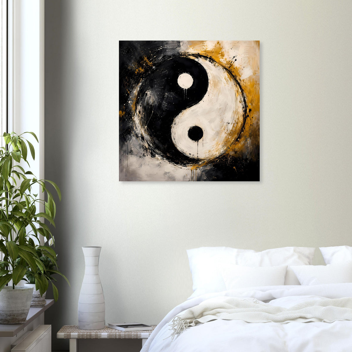 Abstraktes Yin-Yang Poster: schwarzer und weißer Kreis mit goldenen Farbsprenkel