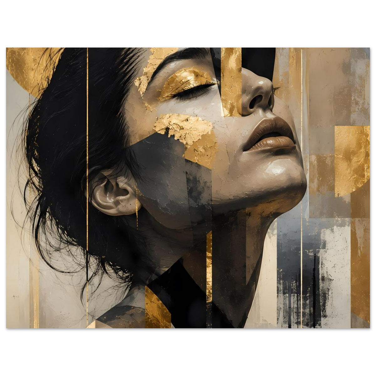 Abstraktes Frauenporträt-Poster mit goldenen Akzenten, stilisierte Gesichtspartie im Hochformat