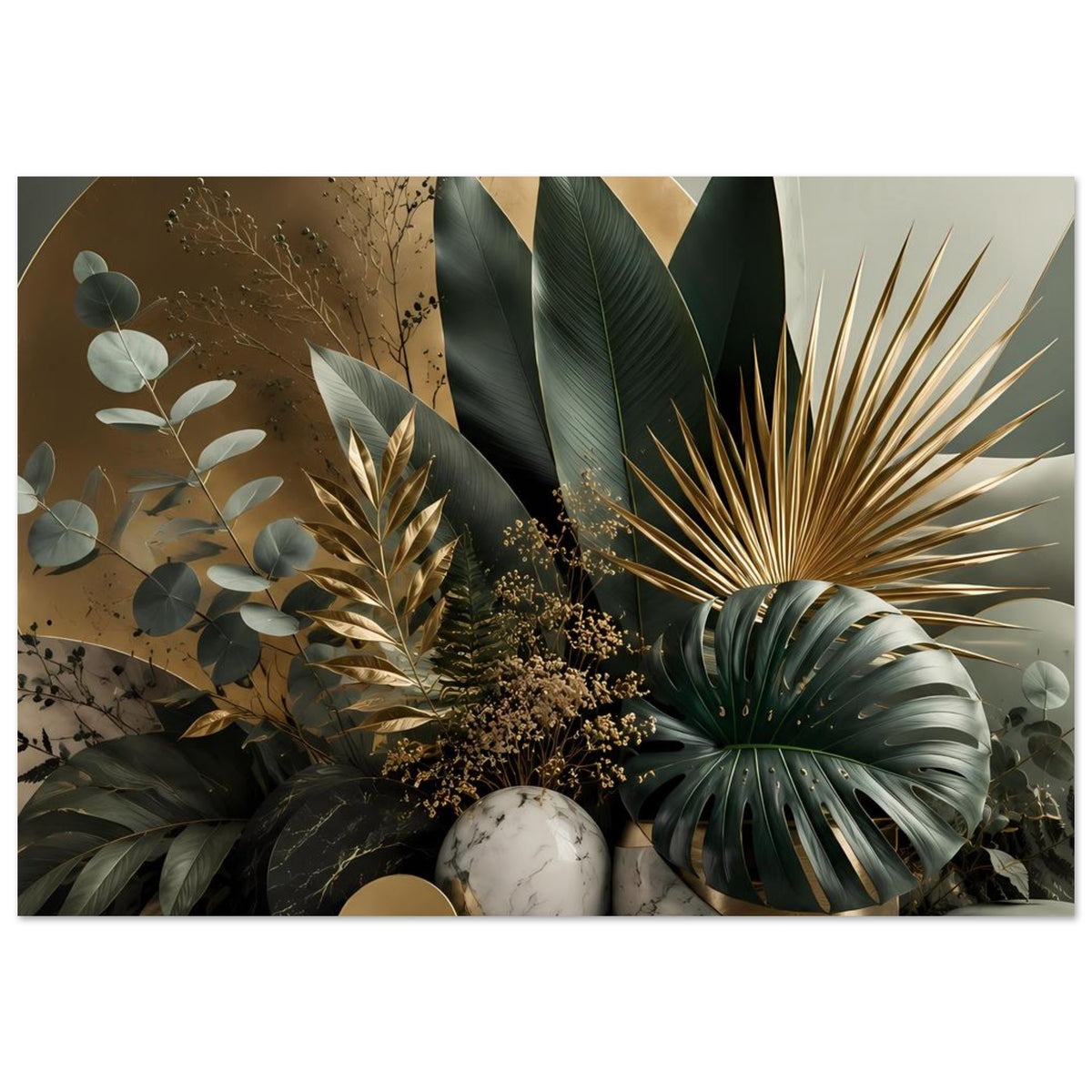 Botanisches Poster im Querformat mit Palmwedel, goldenen Akzenten, Marmorkugel und Eukalyptusblättern