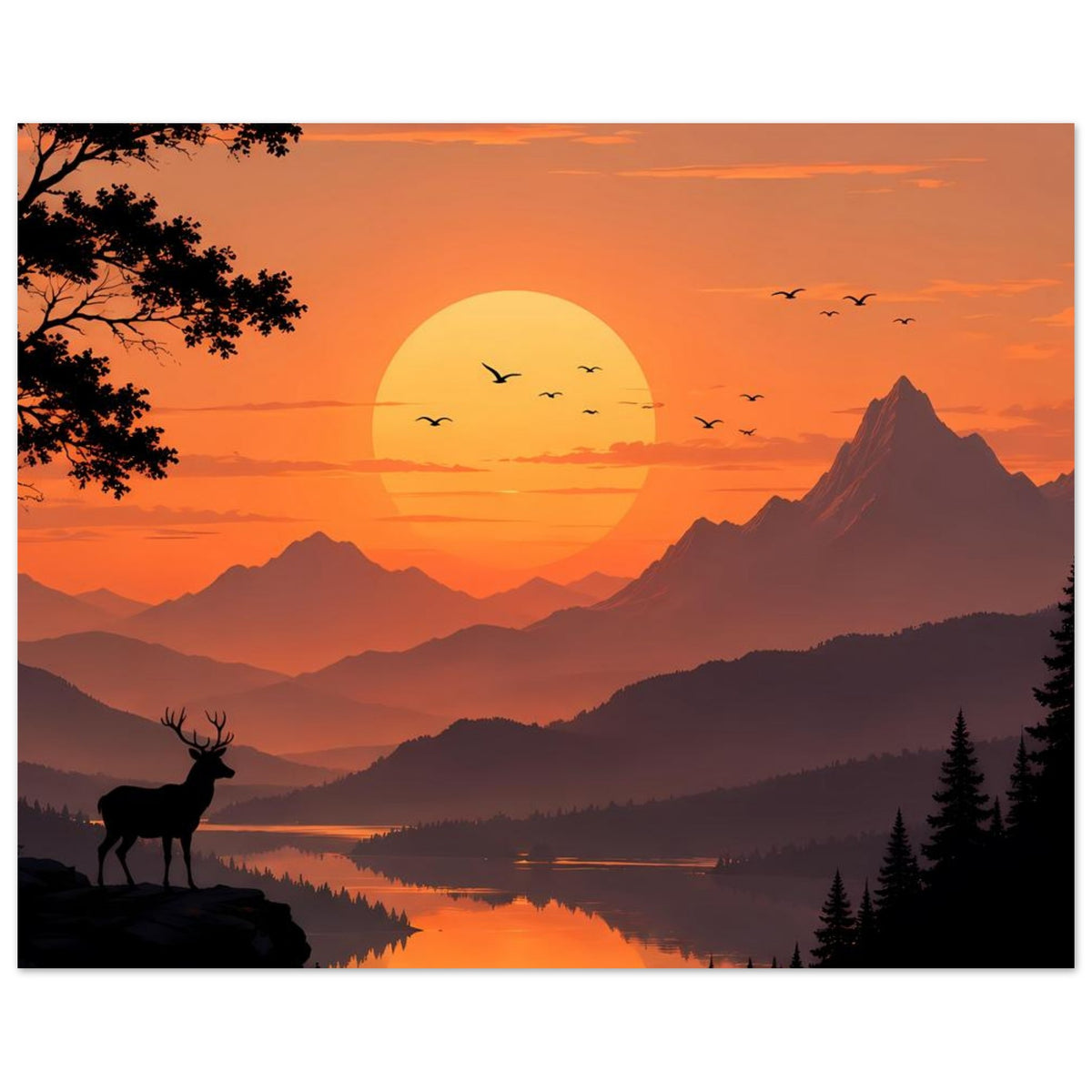Gerahmtes Poster: Sonnenuntergang über Bergsee mit großer Sonne, Vögeln, Hirsch und Bergen