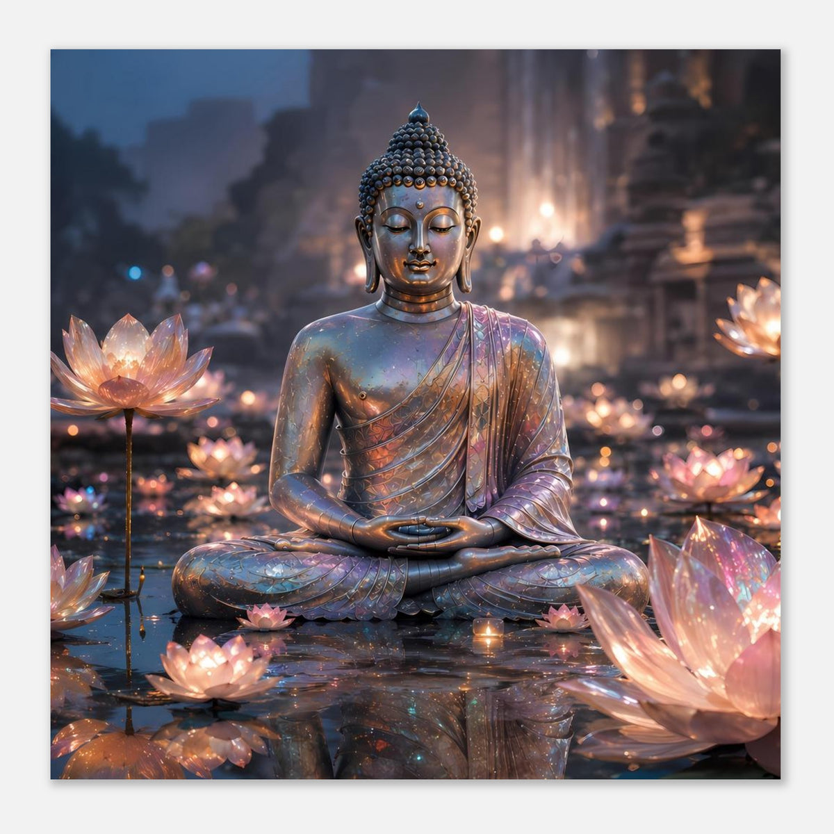 Wandposter mit Buddhafigur in Meditationshaltung, Lotusblüten, funkelnde Lichtakzente