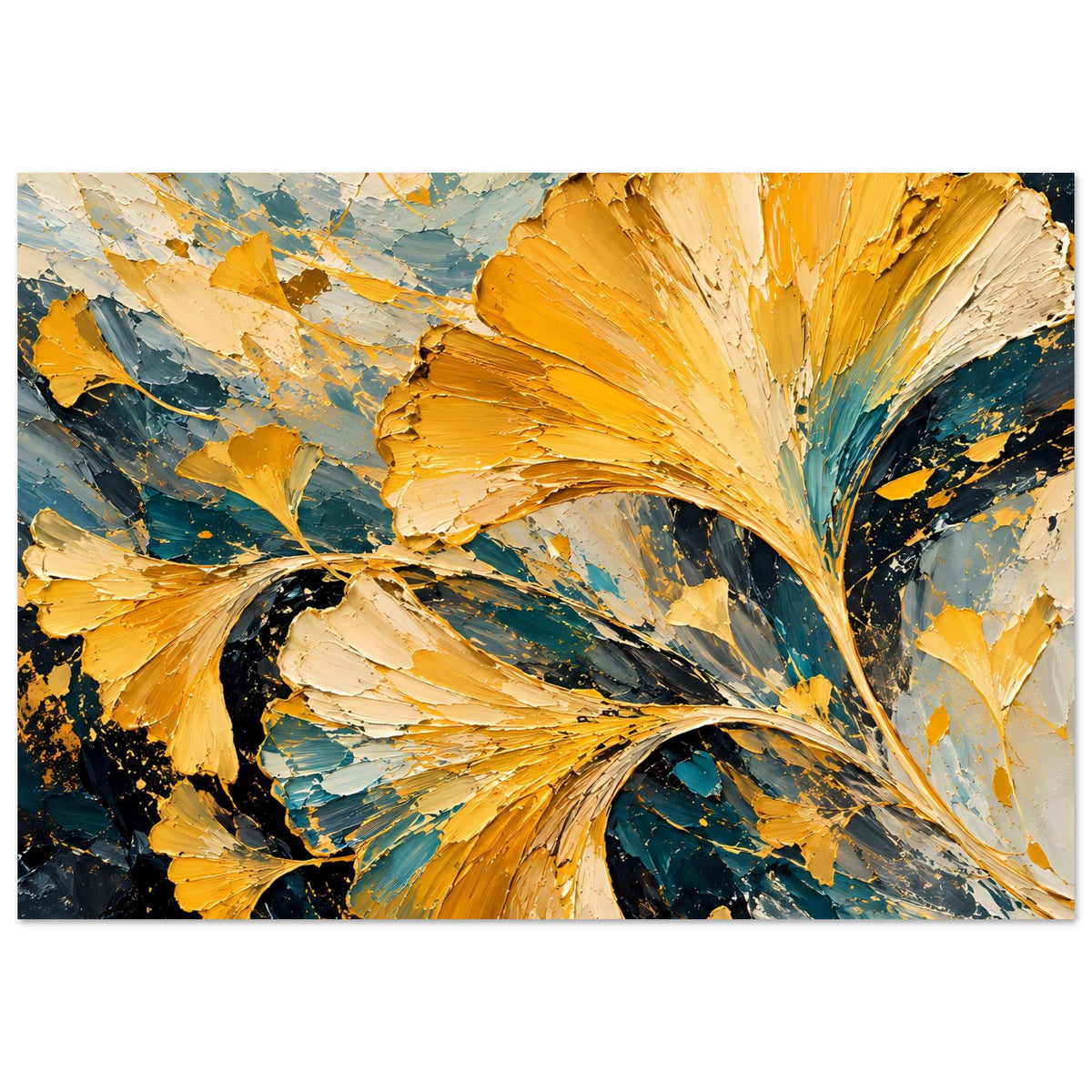 Horizontales Poster mit abstrakten Ginkgo-Blättern in Gold und Türkis, mit dunklen Highlights