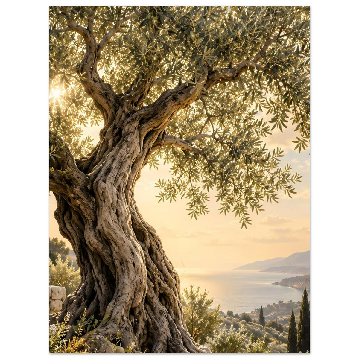 Poster: knorriger Olivenbaum mit kräftigen Ästen und goldgrün wirkenden Blättern