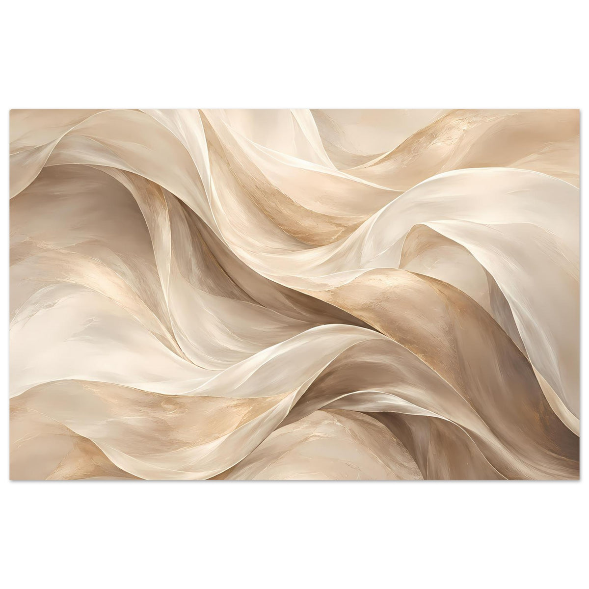 Abstraktes Fluss-Poster, horizontal: fließende Stoffbahnen in Creme und Beige mit goldenen Akzenten.