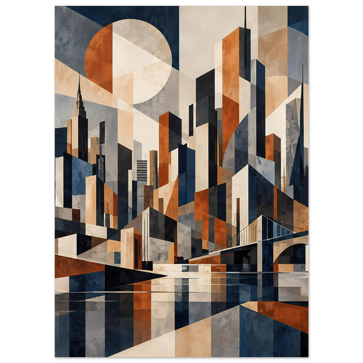 Poster mit abstrakter Skyline: hohe Gebäude, Brückenbogen und Kreisformen in Blau und Rost.