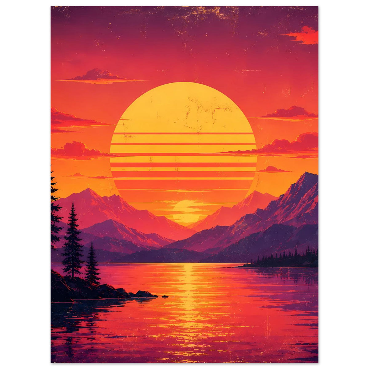 Poster Hochformat mit Retro-Sonne, Bergsee-Reflexion und dunklen Tannen
