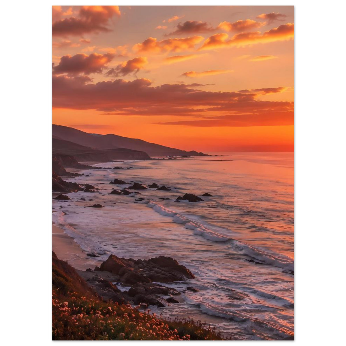Vertikales Poster mit Küstenbucht bei Sonnenuntergang, Strand, Felsen und warmes Licht.
