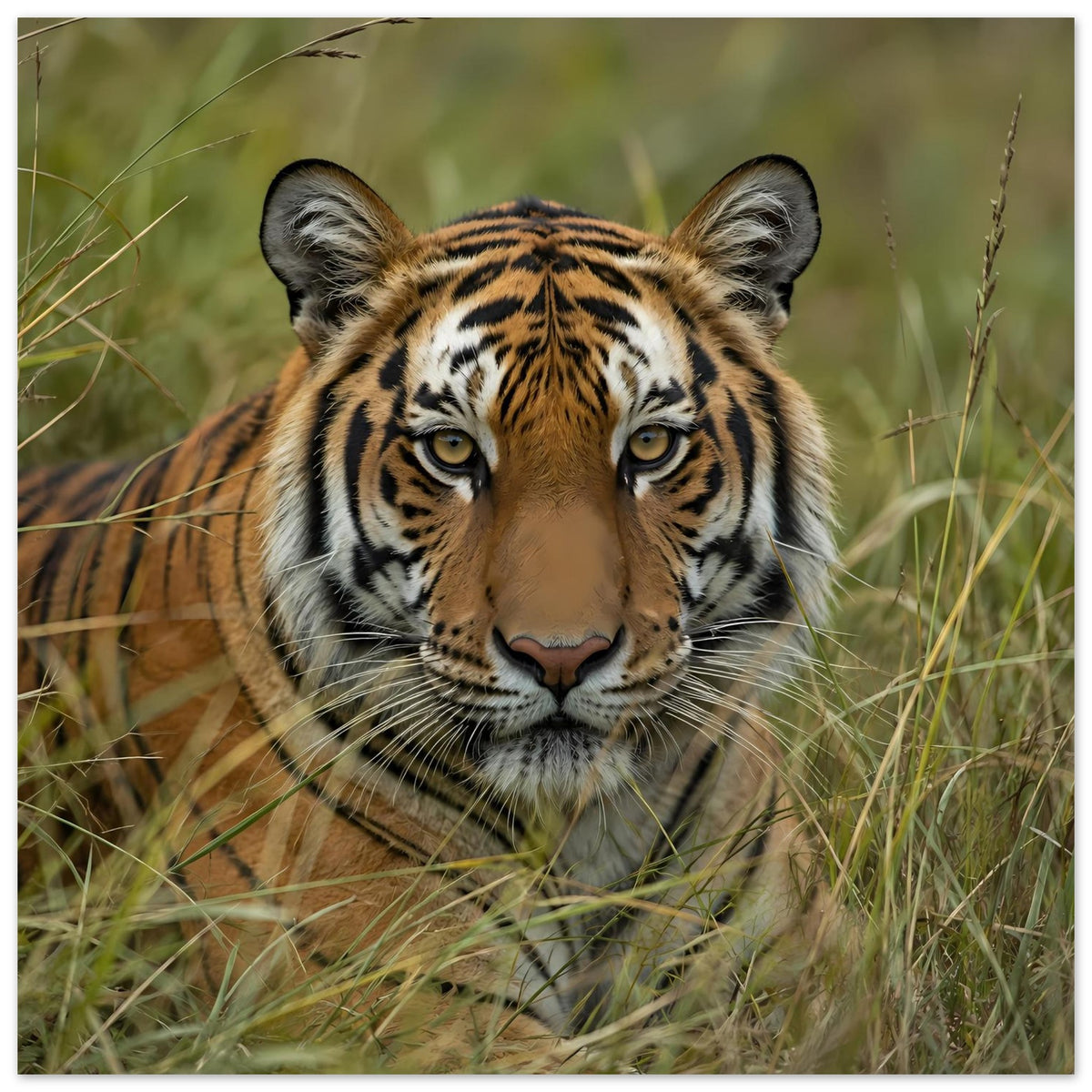 Wildtier-Poster mit Tiger im Gras, Kopf zentriert, orange-schwarze Streifen, Blick nach vorn
