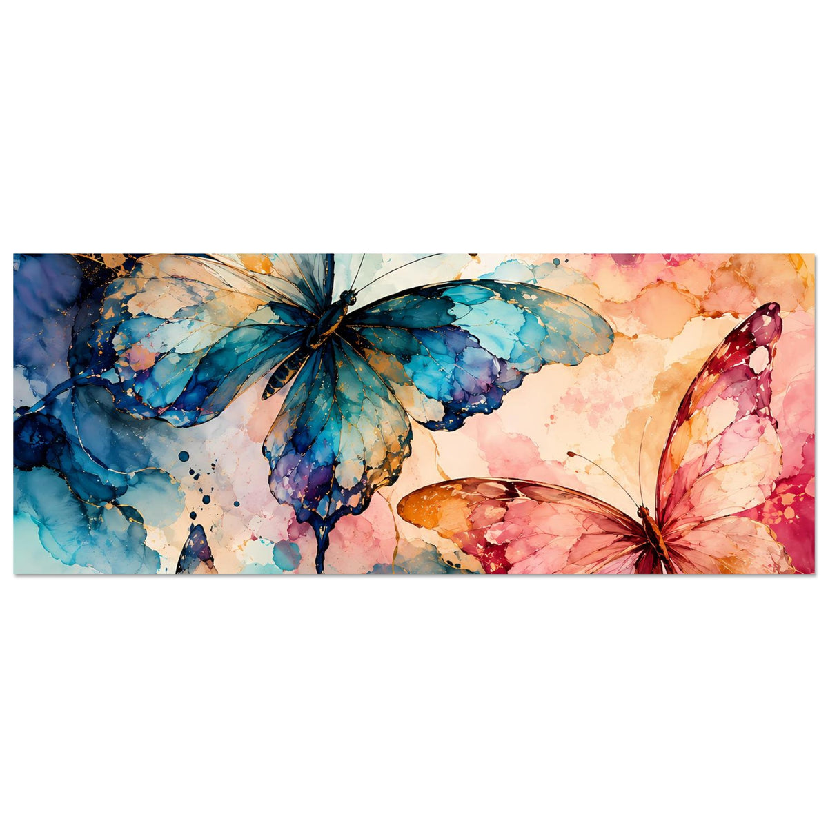 Horizontales Naturposter: Aquarell-Schmetterlinge in Blau, Rosa und Orange, oben rechts eine große Motte