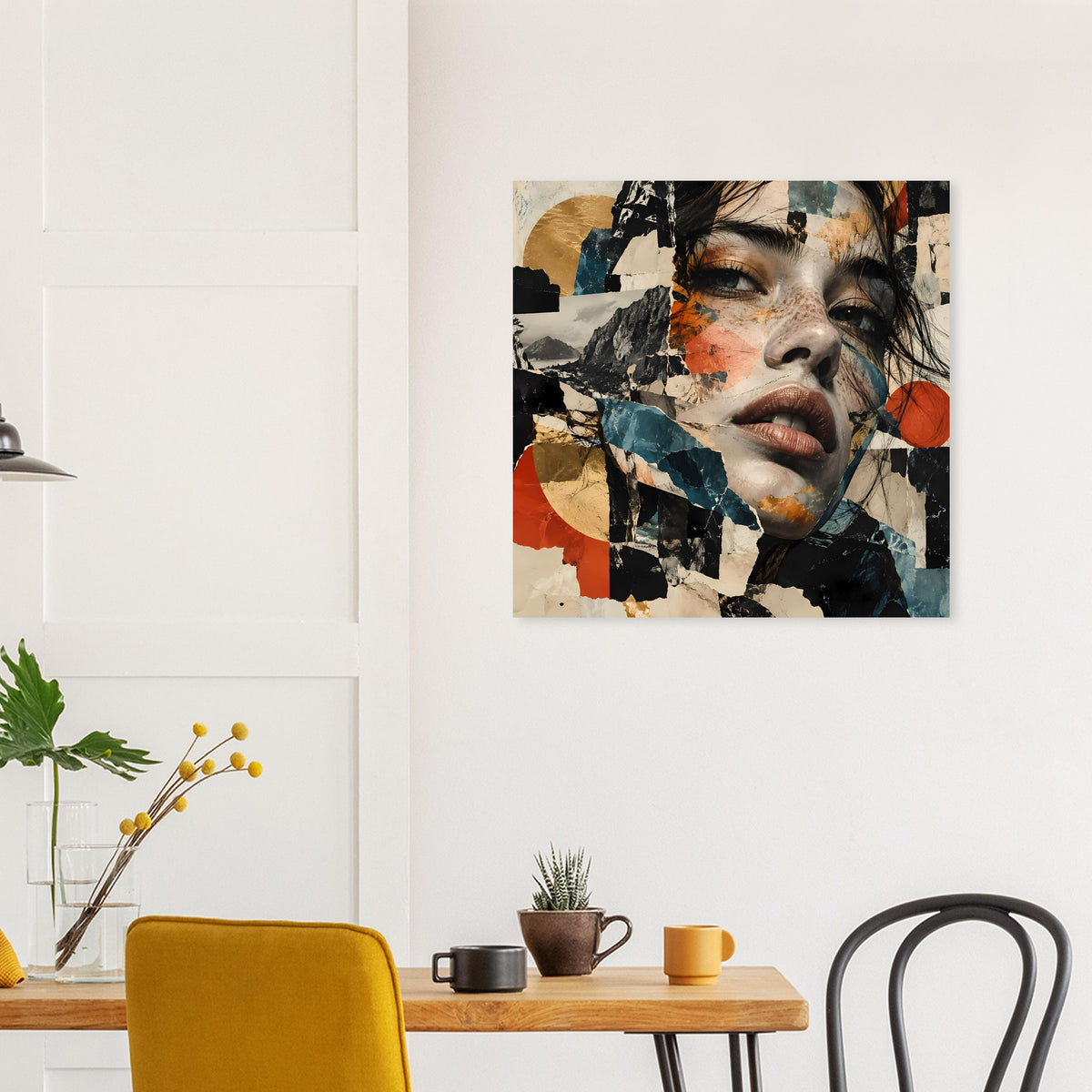 Rahmenposter mit abstraktem Porträt: Collage aus Terrakotta, Blau und dunklen Flächen