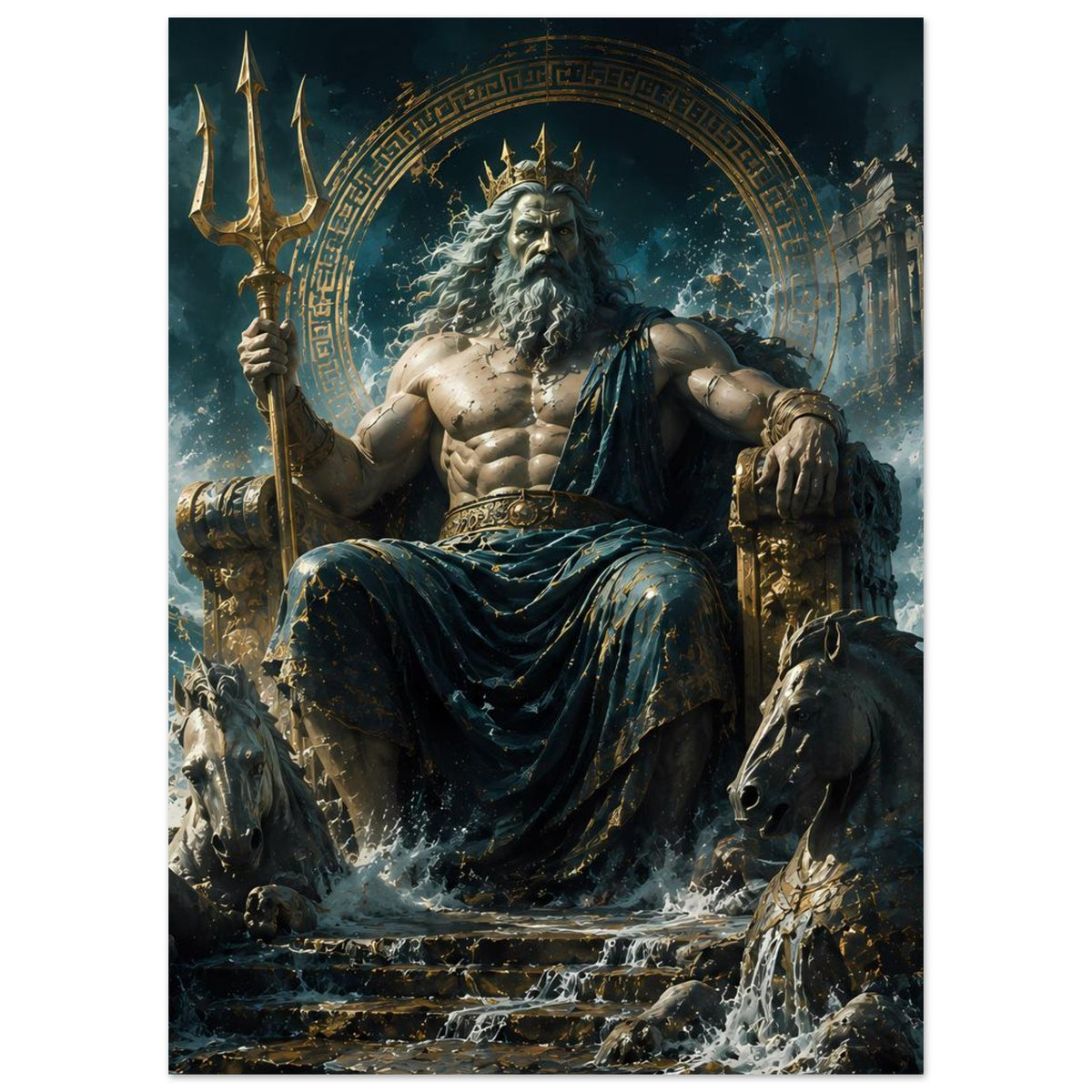Poster im Hochformat mit Poseidon-Gestalt, Dreizack, Meeresszene und Pferden