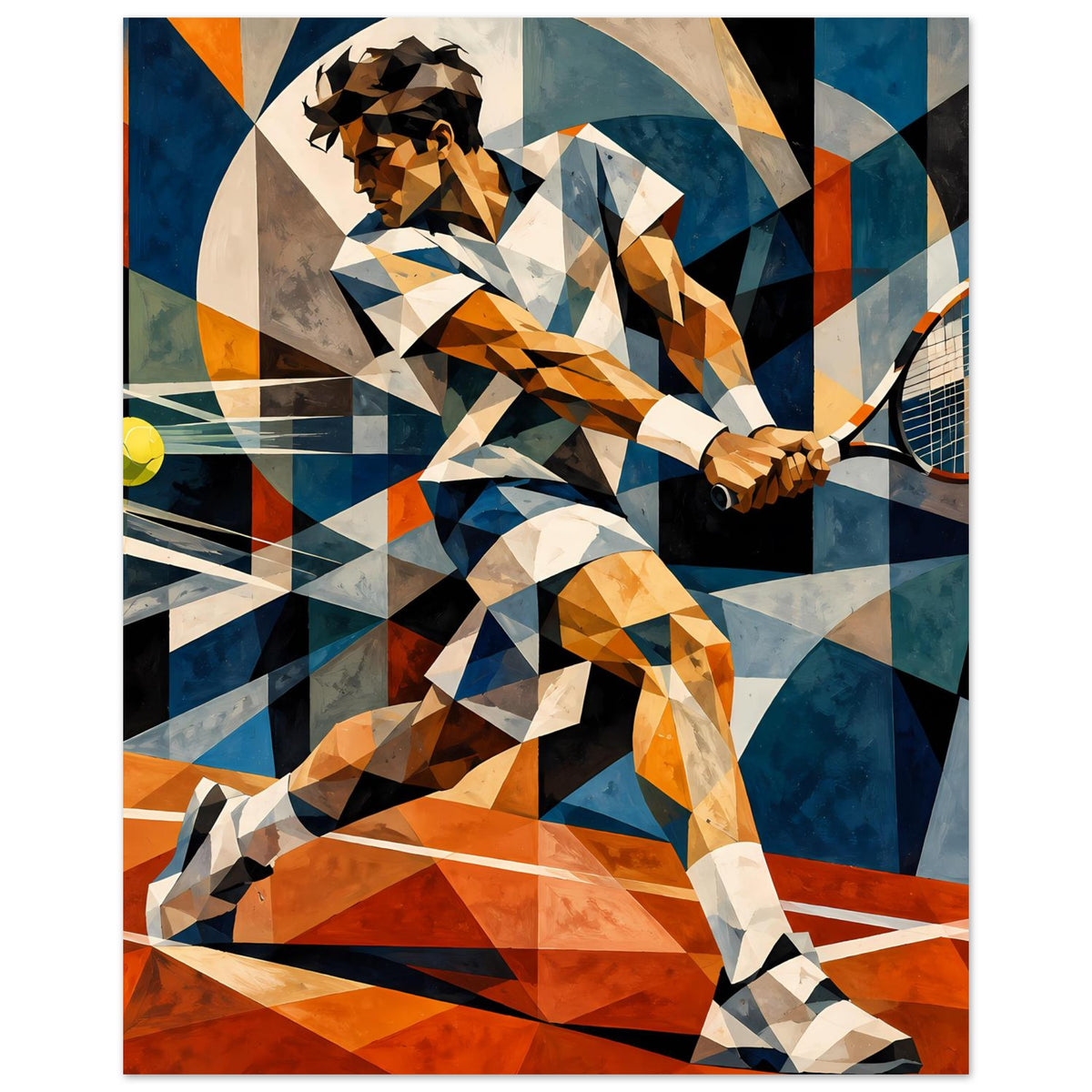 Kunst-Poster mit abstrakter Tennis-Spielerin und Schläger, geometrische Farbflächen