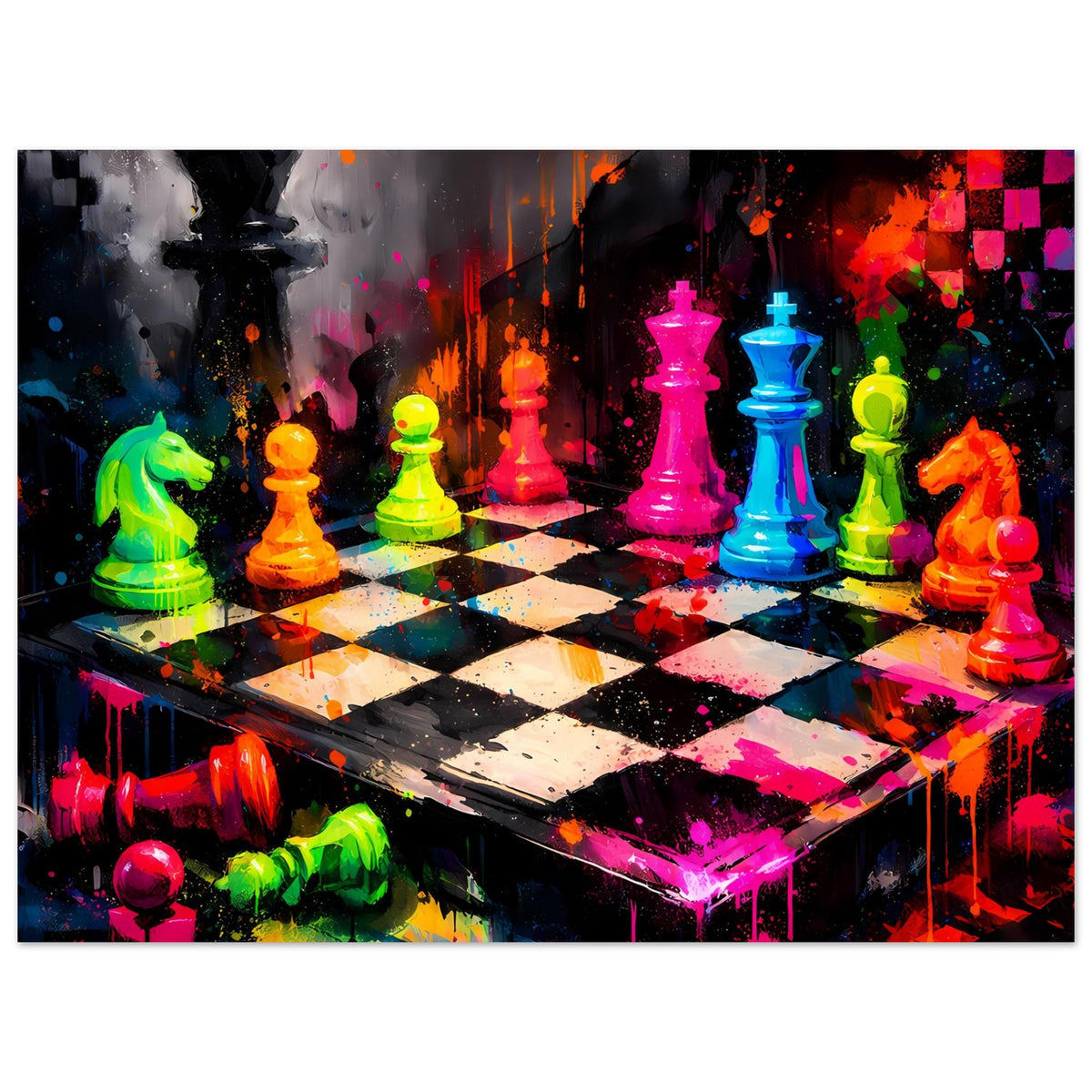 Abstraktes Schachspiel-Poster im Querformat: Neon-Schachfiguren, kräftige Farben, Sprenkel