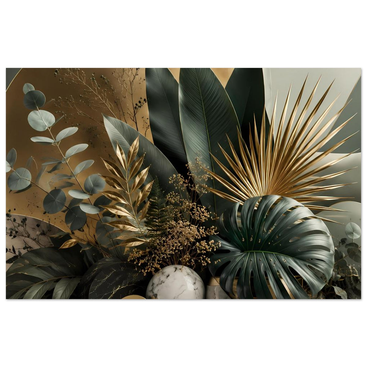 Botanisches Poster im Querformat mit Palmenblättern, Goldakzenten und Marmorsteinen.