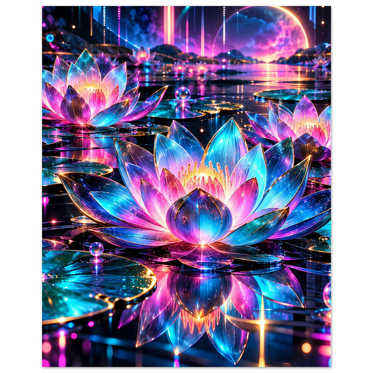 Leuchtendes Lotusposter im Hochformat mit leuchtender Lotusblüte in Blau und Pink