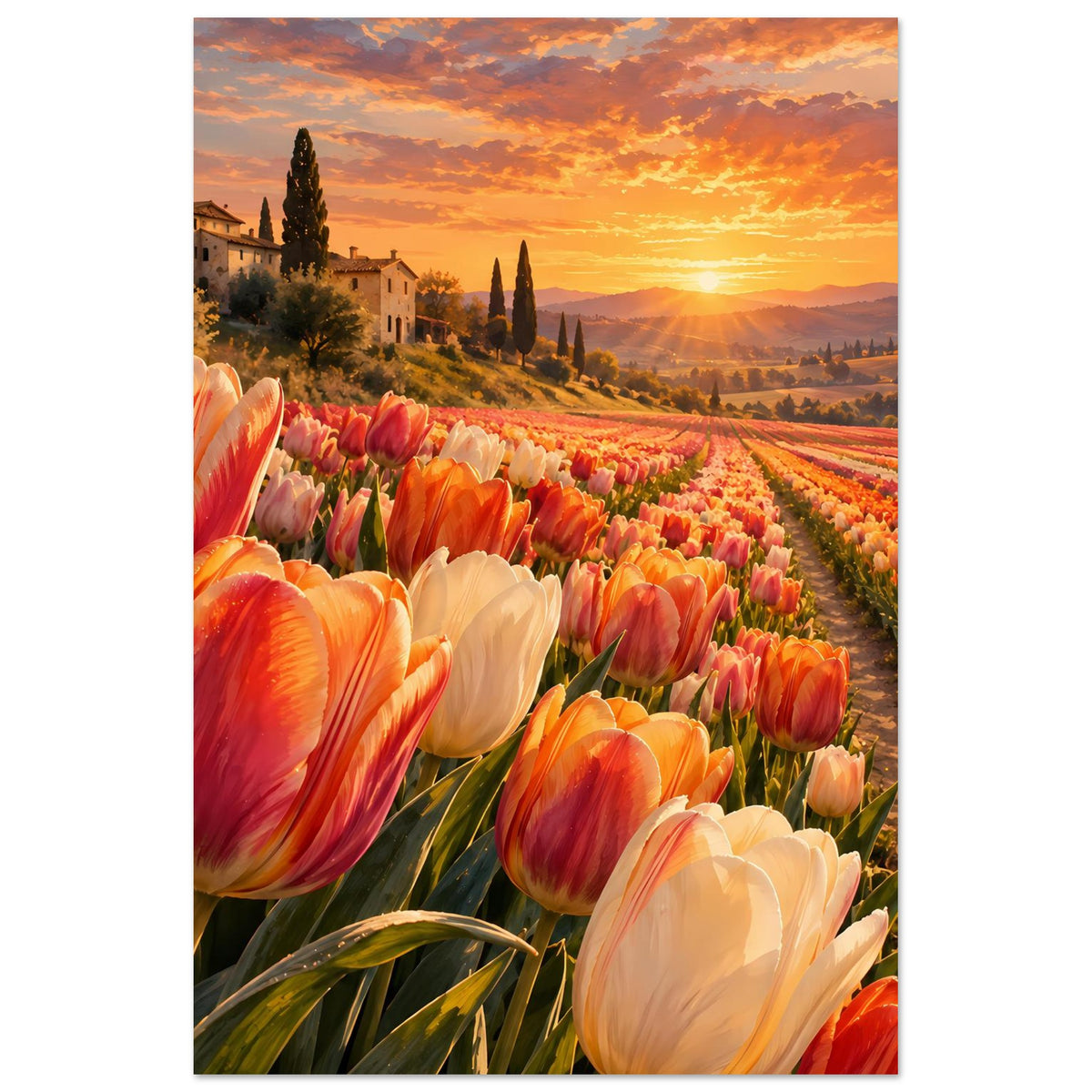 Vertikales Blumenposter mit Tulpenreihen im Vordergrund und Sonne über dem Landschaftstal