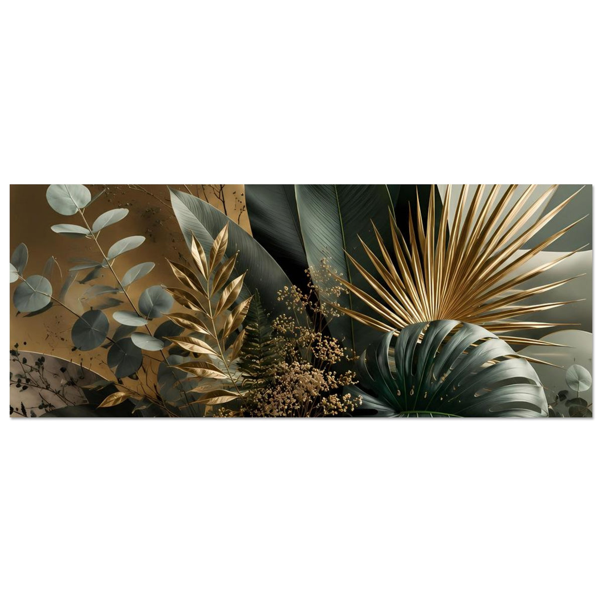 Horizontales botanisches Poster mit goldenen Akzenten, großen Palmenblättern und Marmorelementen