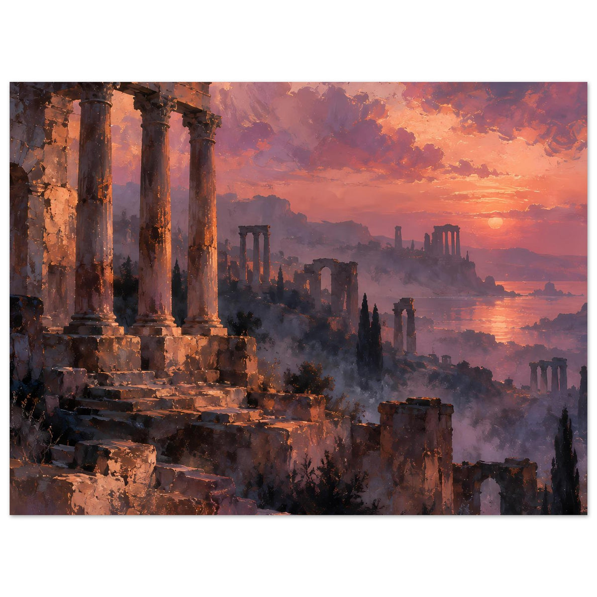 Poster mit Ruinenlandschaft am Meer bei Sonnenuntergang, Orange- und Violetttöne, querformat