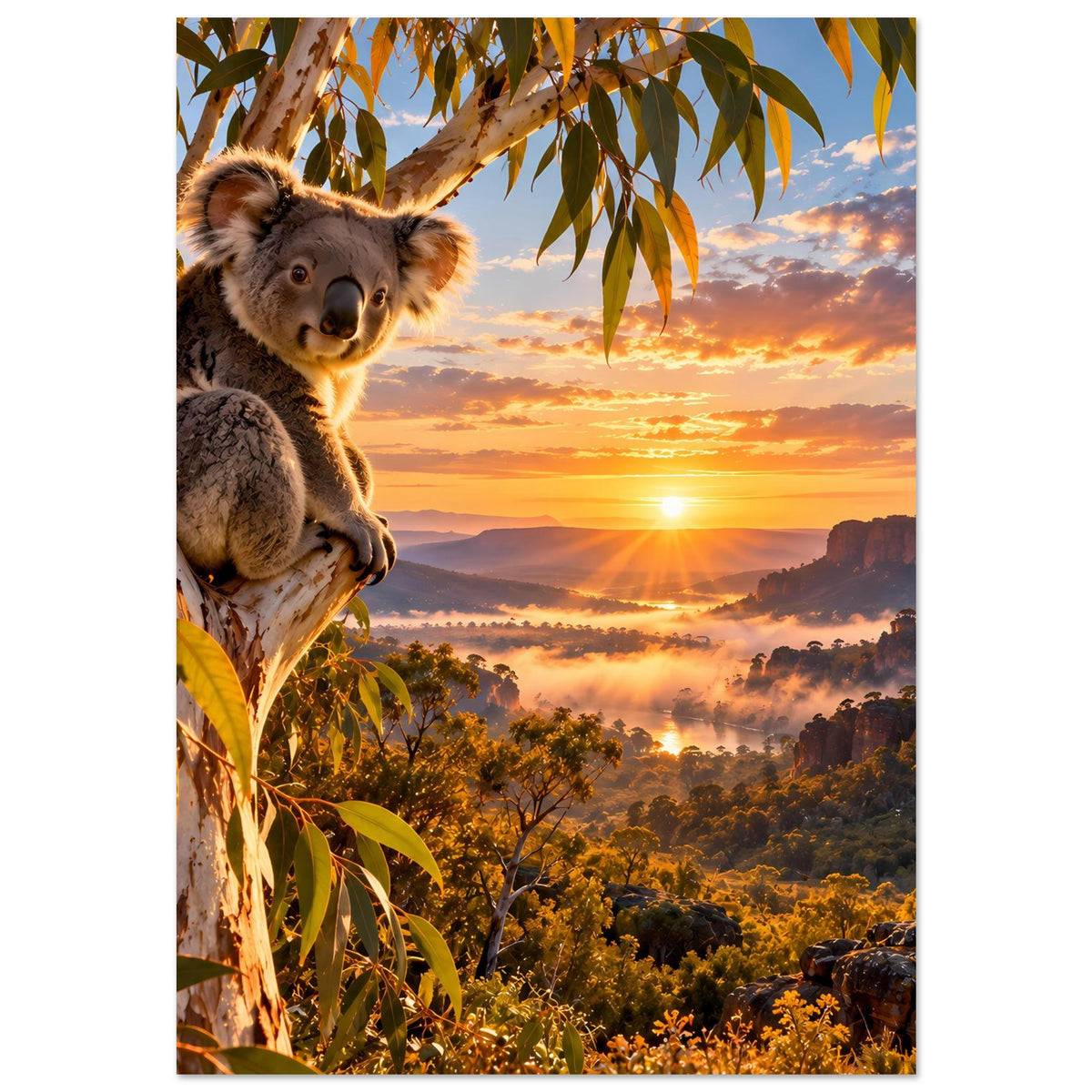 Koala-Sonnenuntergangs-Poster mit Koala auf Baumast und Sonne über nebliger Landschaft