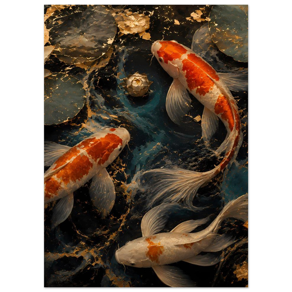 Poster mit Koi-Fischen im Teich, mehrere orange-weiße und silbergraue Koi, Wasser und Goldpartikel