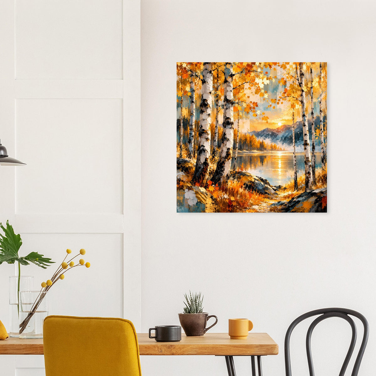 Poster mit Birkenstämmen, orangefarbenen Blättern und Abendsonne über dem See