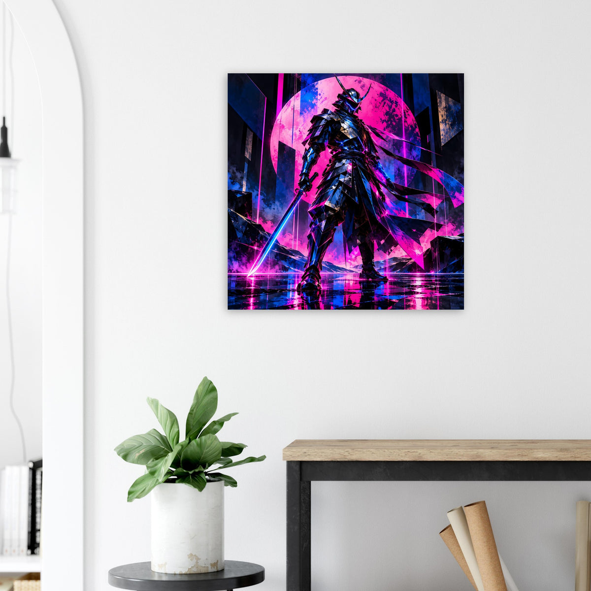 Cyberpunk-Poster mit Samurai-Krieger im Neon, Pink und Blau, Kreisportal im Hintergrund
