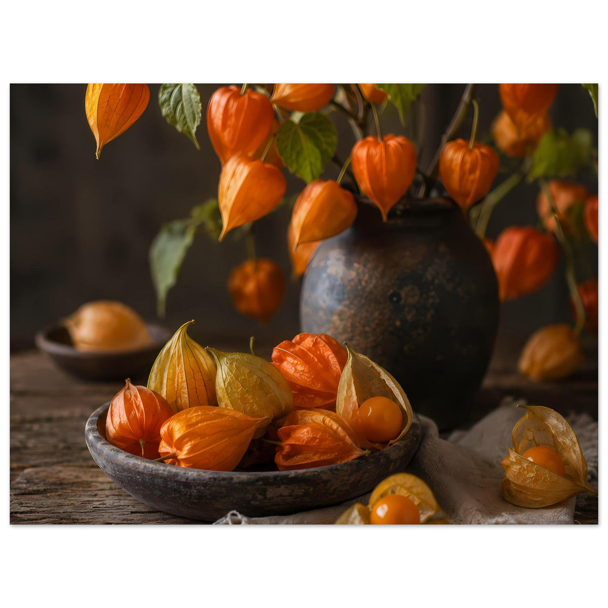 Herbst-Poster mit Kürbissen in Schale, im Hintergrund eine dunkle Vase und Blattwerk