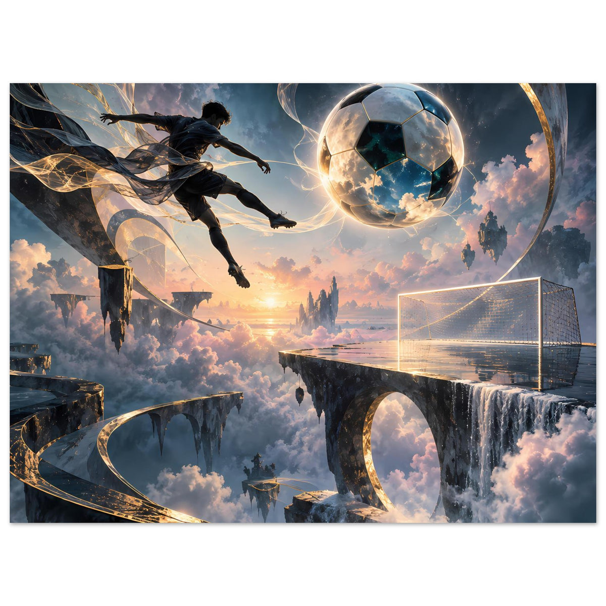 Poster mit Fußballspieler, leuchtendem Ball, großem Torrahmen und goldenen Linien