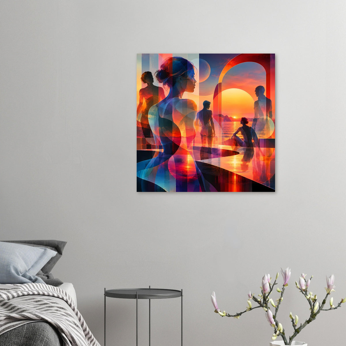 Kunstposter mit mehreren Silhouetten am Wasser, abstrakter Orange-und-Blau-Sonnenuntergang
