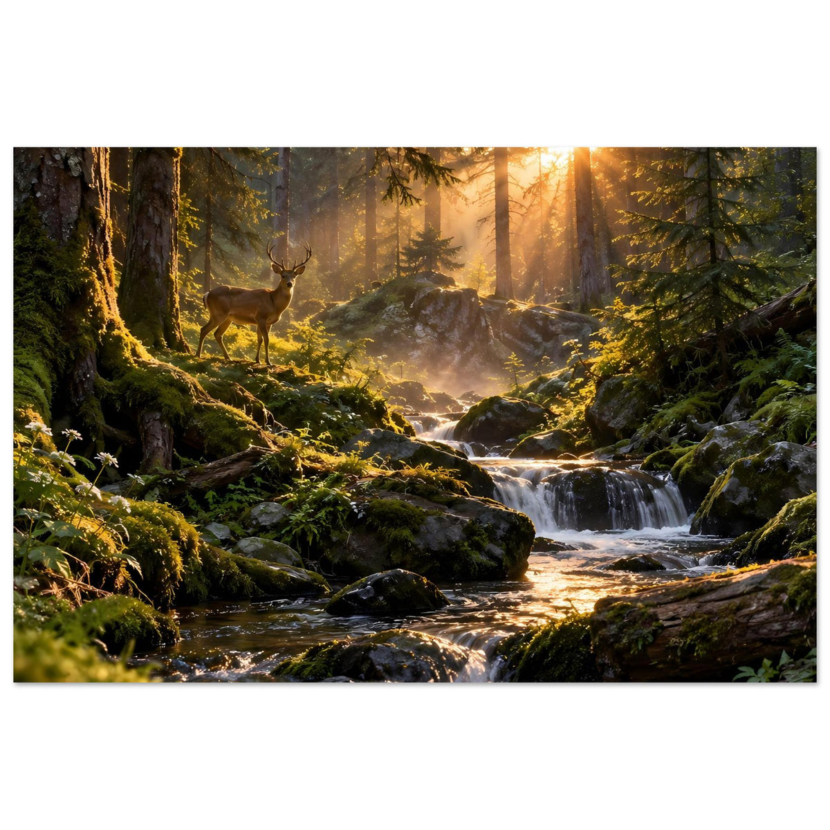 Poster mit Wald, Hirsch im Vordergrund und Bachlauf im warmen Morgenlicht