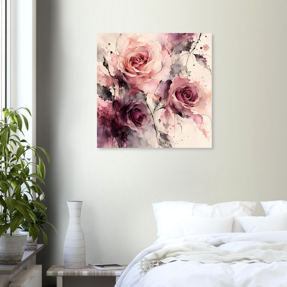 Quadratisches Wandposter mit rosa Rosenblüten im Aquarellstil