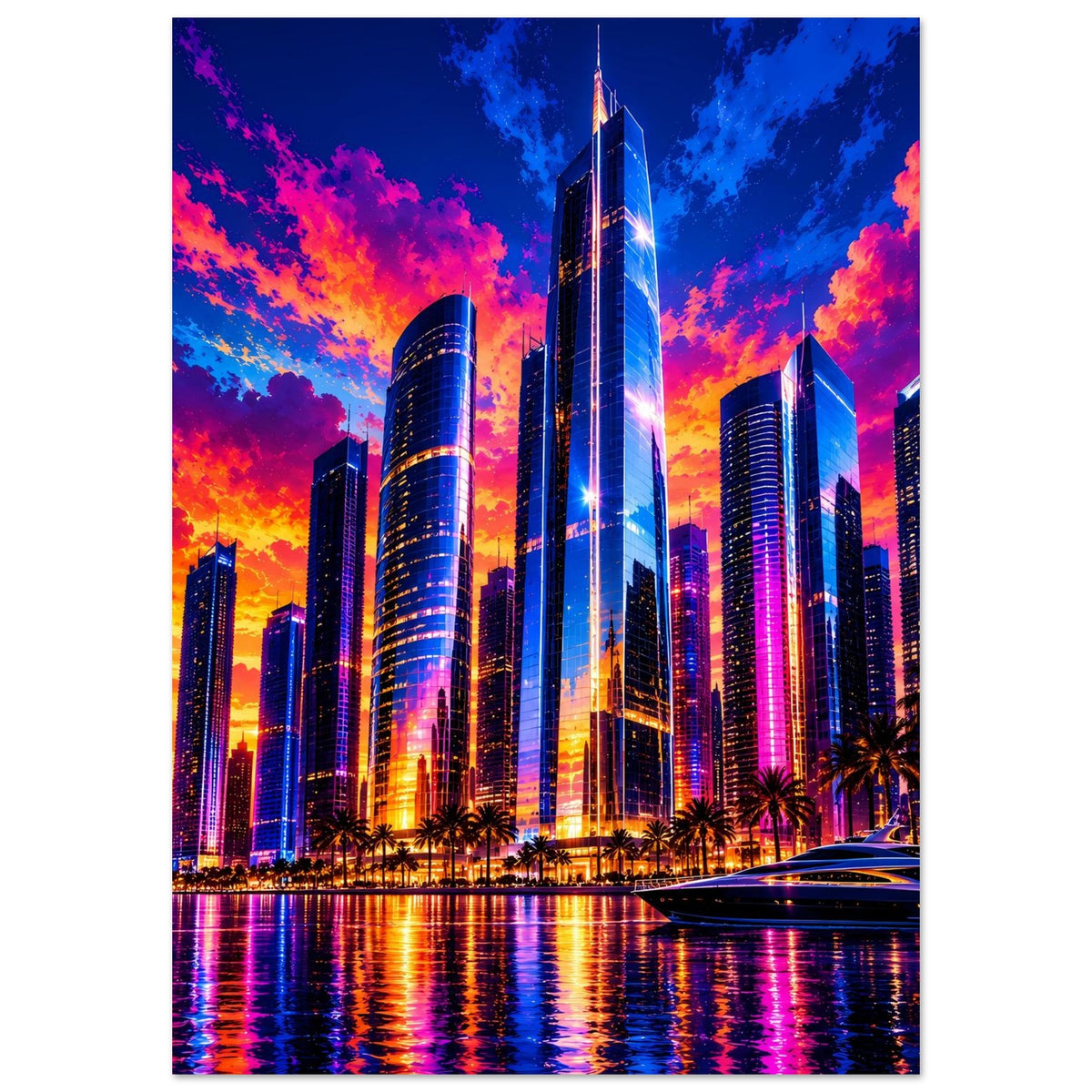 Großstadt-Skyline-Poster im Hochformat mit leuchtenden Türmen und farbigem Sonnenuntergang
