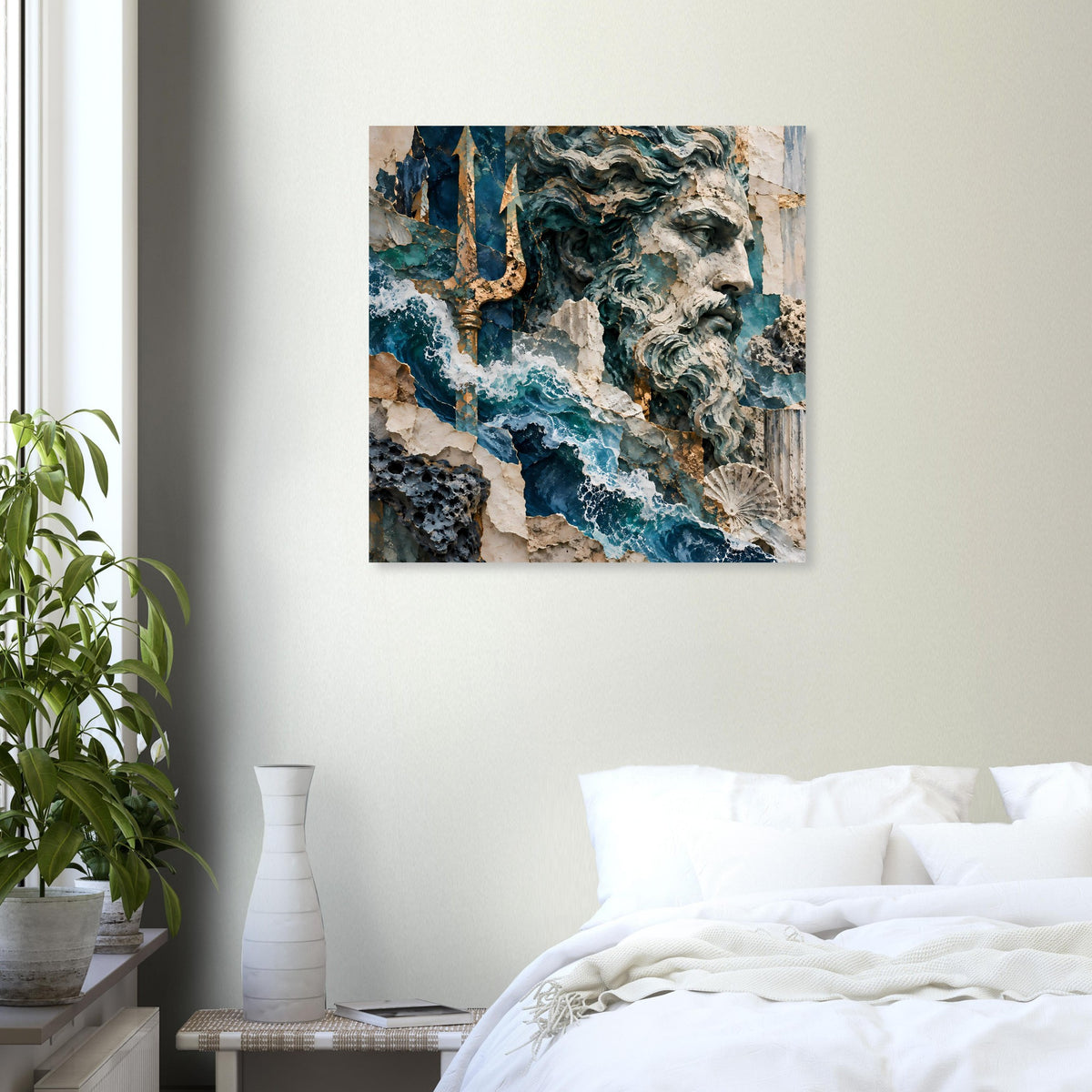 Neptun-Mythologieposter, rechteckig, mit Skulpturgesicht und blauen Wellen