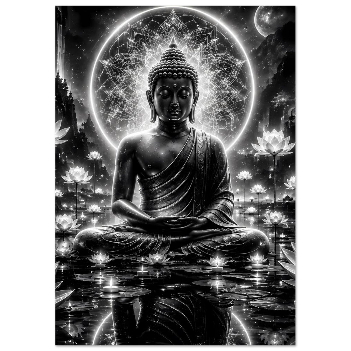 Buddha-Serenity-Poster mit meditierender Buddhafigur, leuchtendem Mandala und Lotosmotiven