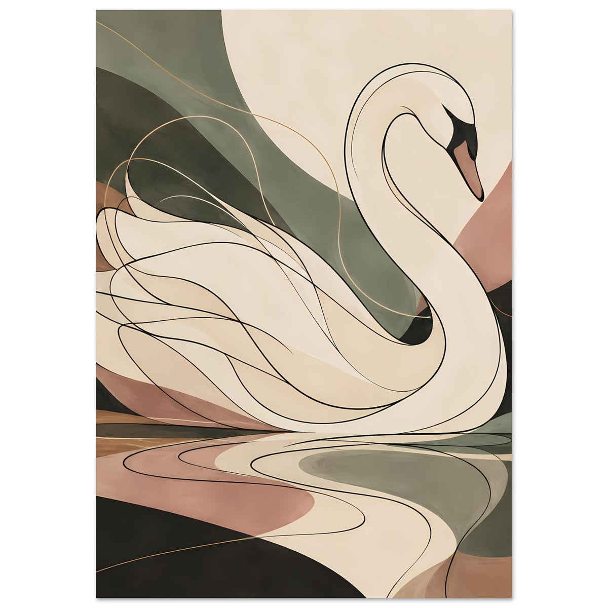 Hochformat-Poster: minimalistischer Schwan in sanften Naturtönen mit geschwungenen Linien