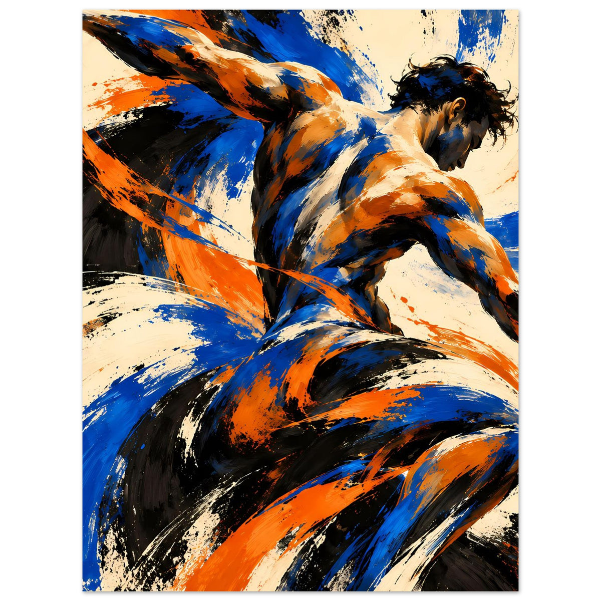 Kunstposter im Hochformat mit abstrakten Pinselwirbeln und Athleten-Silhouette in Blau und Orange
