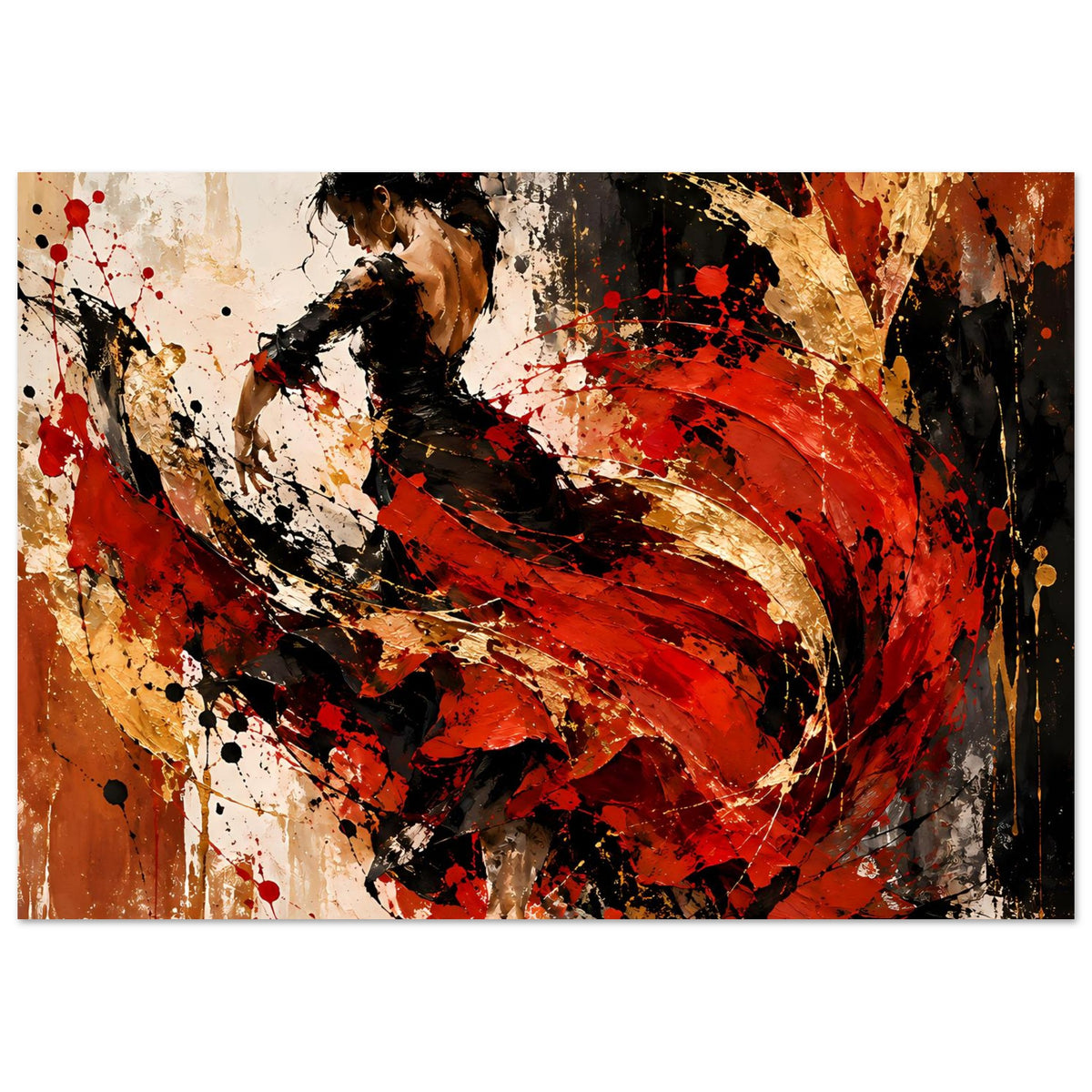 Flamenco-Feuerposter im Querformat: Tänzerin in Schwarz, rote Spritzer und goldene Akzente