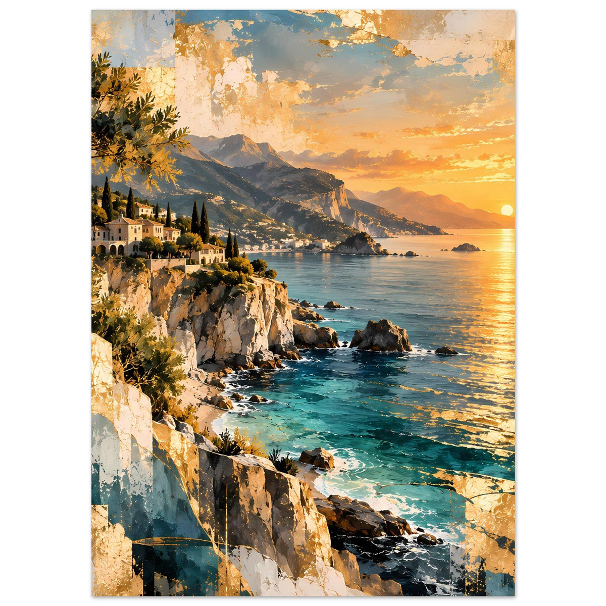 Küstenposter mit Klippen, grünen Pflanzen am Rand und Sonnenuntergangsfarben am Horizont