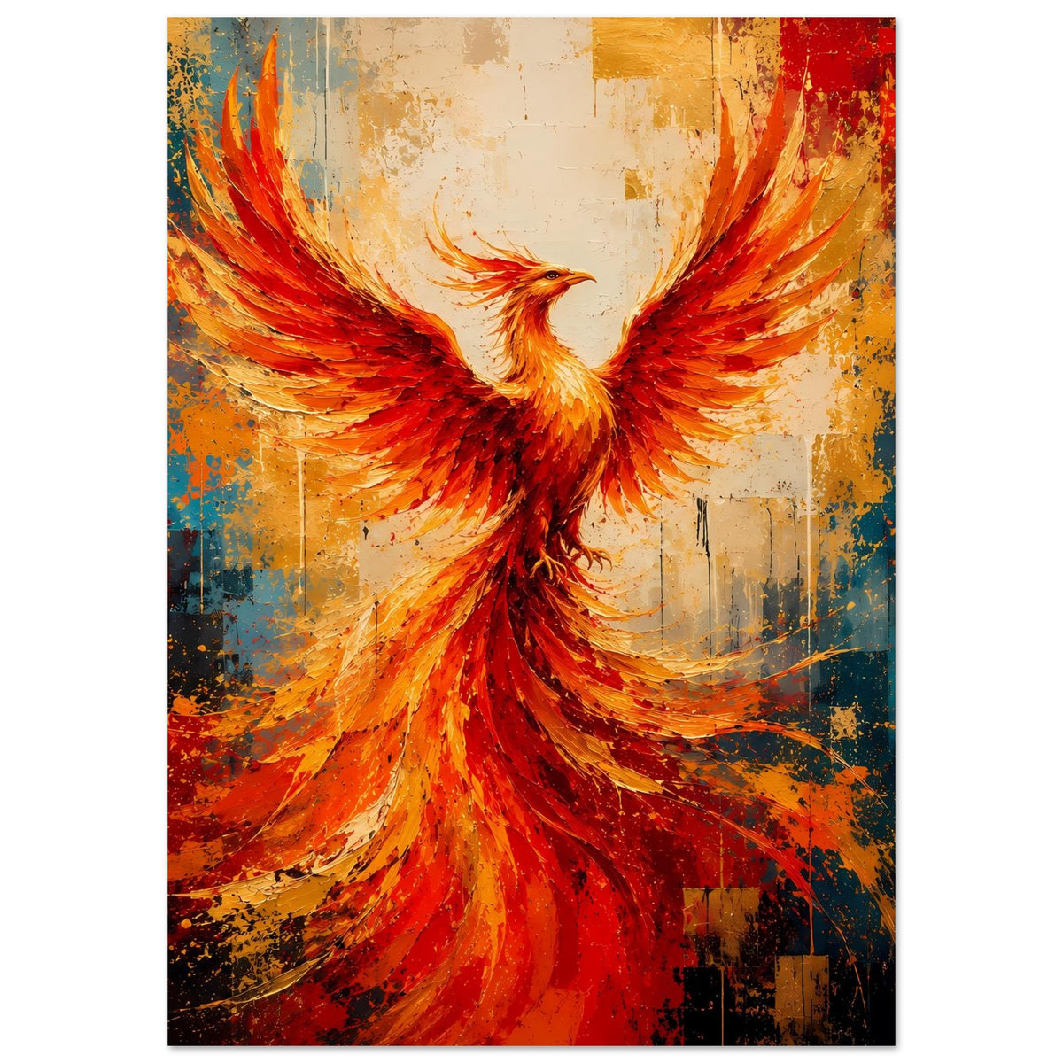 Leuchtendes Phönix-Poster im Hochformat: roter Phönix mittig, Federstrahlen nach oben