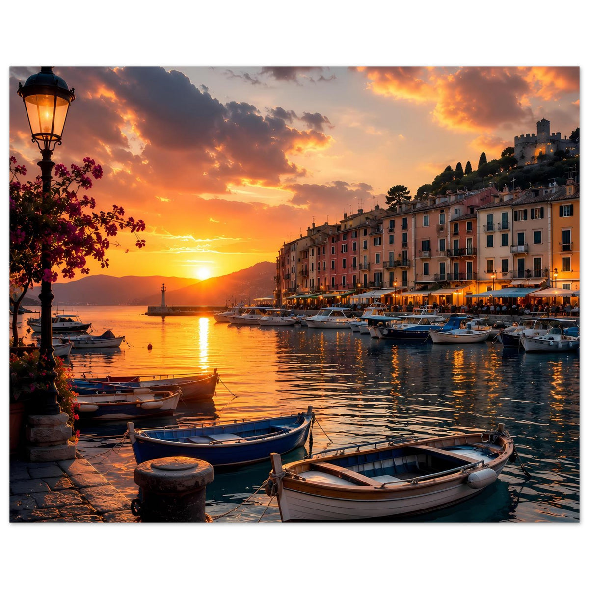 Küstenhafen-Poster mit Laterne links, Sonnenuntergang am Wasser und Booten im Vordergrund