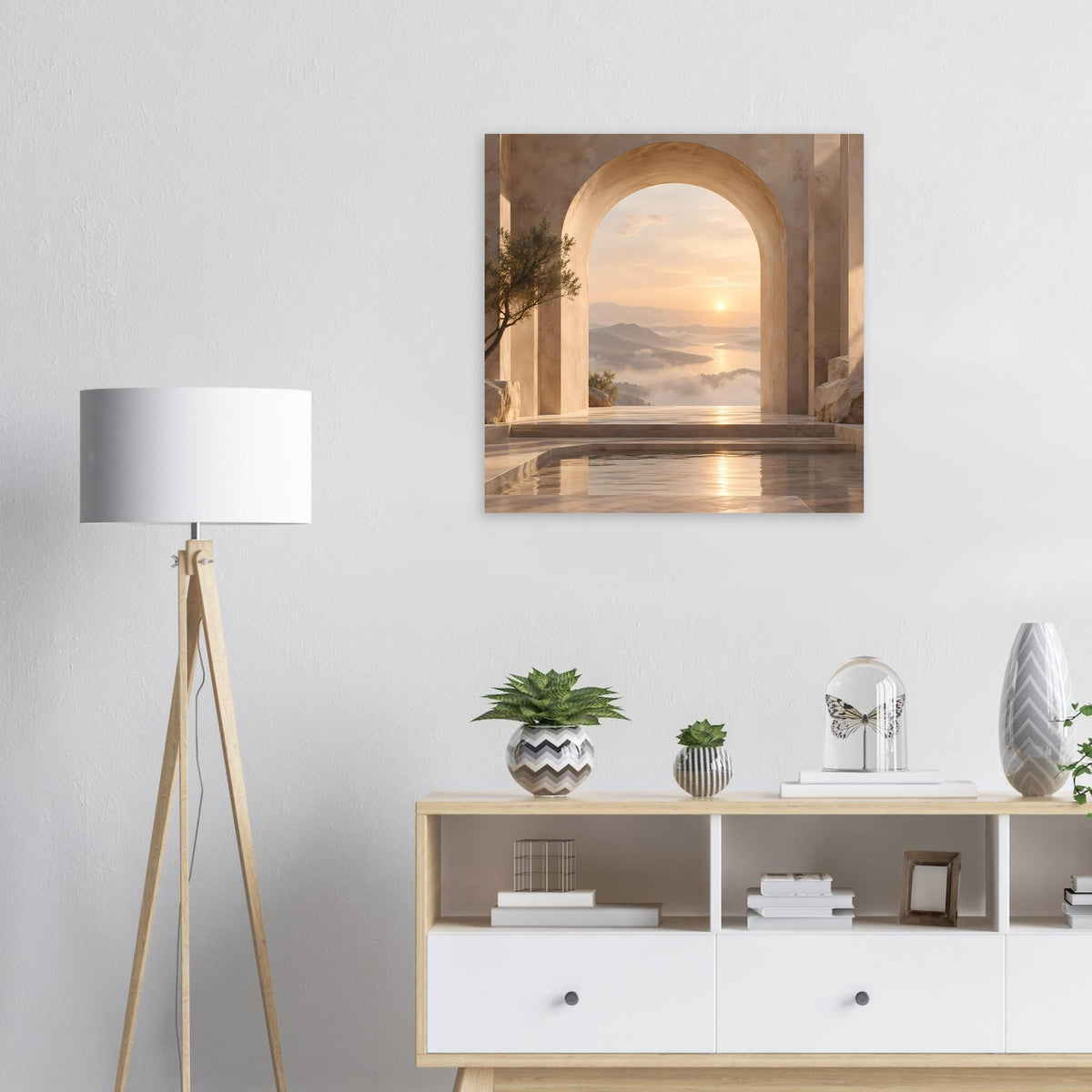 Wandposter mit Torbogen und Sonnenaufgang über Wasserlandschaft