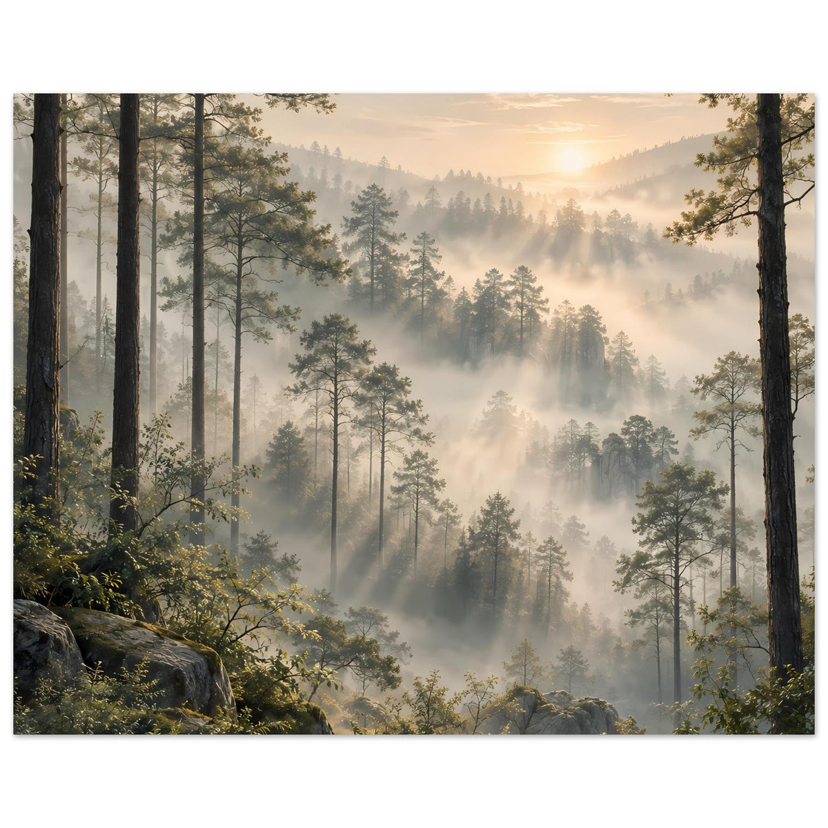 Waldlandschafts-Poster: schlanke Nadelbäume, dichter Nebel, goldener Sonnenaufgang