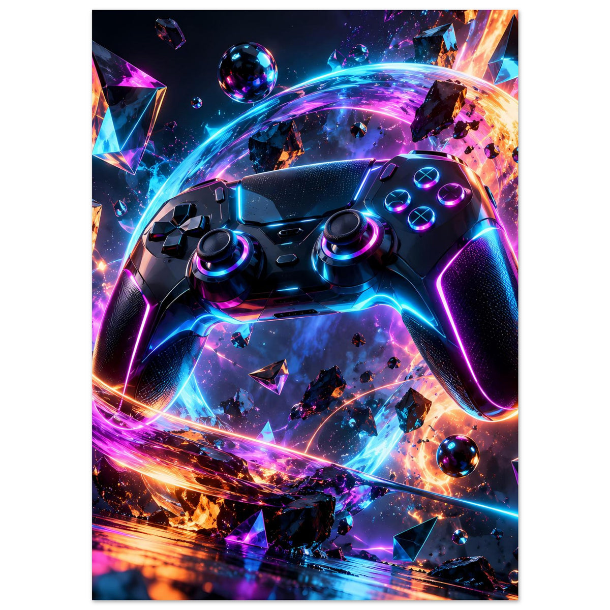Hochformatiges Poster mit Neon-Gaming-Controller, detailreiche Buttons und Leuchtringe