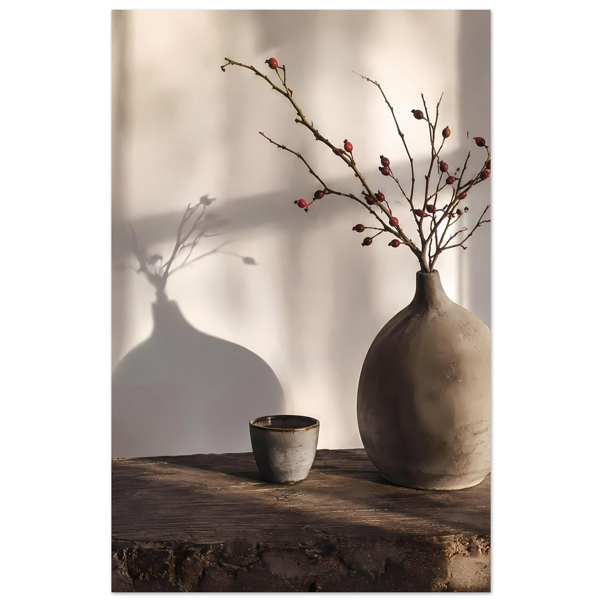 Still-Life-Poster: braune Keramikvase mit Beerenzweigen und Becher auf Holztisch