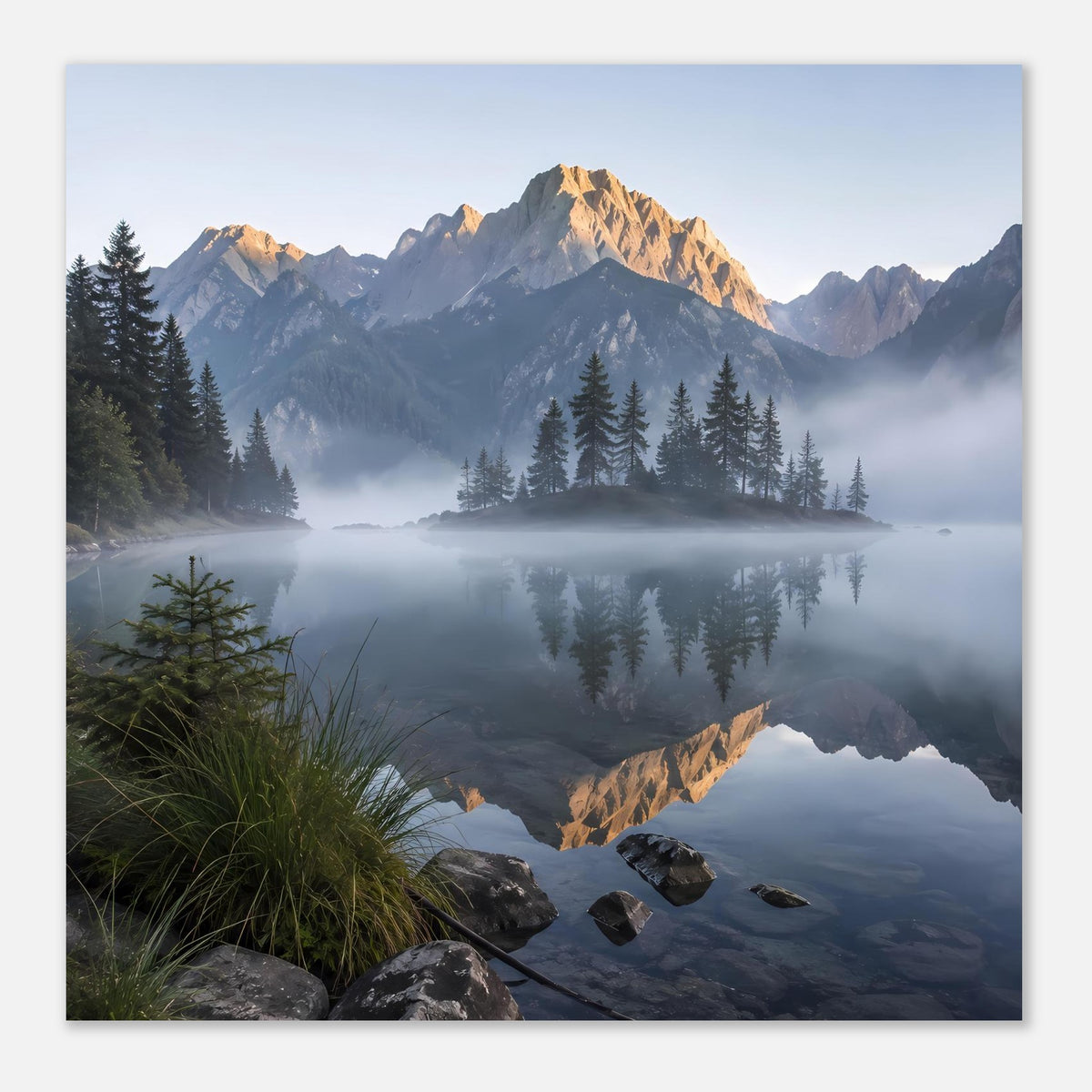 Poster mit Bergsee, Felsen am Ufer und Spiegelung der Berggipfel im Morgennebel